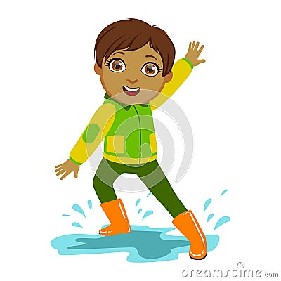 Boy In Green And Yellow Jacket, Kid In Autumn Clothes In Fall Season Enjoyingn Rain And Rainy Weather, Splashes And Vector Illustration