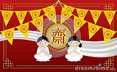 The boy and The gril with Chinese vegetarian festival and asian elements on red background. Chinese translation is vegetarian Vector Illustration