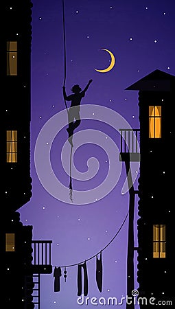 Boy hanging on the rope and touching the moon, catch the dream in the city, Vector Illustration