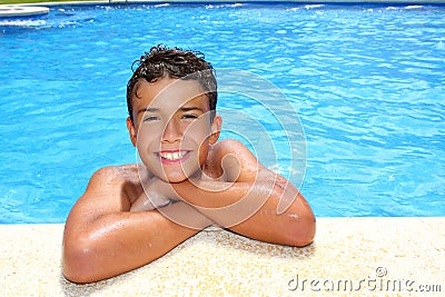 Boy happy teenager vacation swimming pool Stock Photo