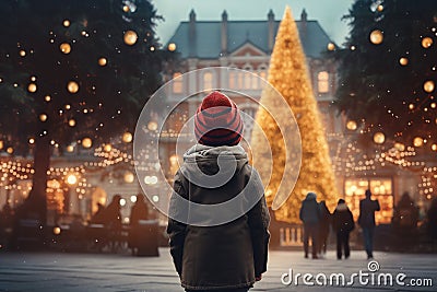 boy in a hat in the central square, looking at a large Christmas tree decorated for Christmas, rear view Stock Photo