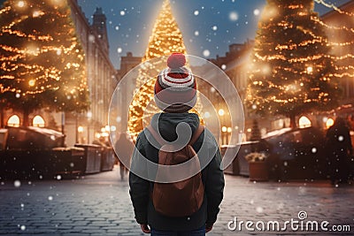 boy in a hat in the central square, looking at a large Christmas tree decorated for Christmas, rear view Stock Photo