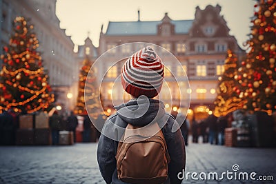 boy in a hat in the central square, looking at a large Christmas tree decorated for Christmas, rear view Stock Photo