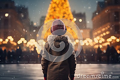 boy in a hat in the central square, looking at a large Christmas tree decorated for Christmas, rear view Stock Photo