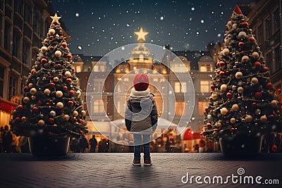 boy in a hat in the central square, looking at large Christmas tree decorated for Christmas, rear view Stock Photo