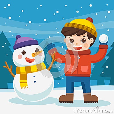 A boy having fun with snowman on a snowy winter walk. Vector Illustration