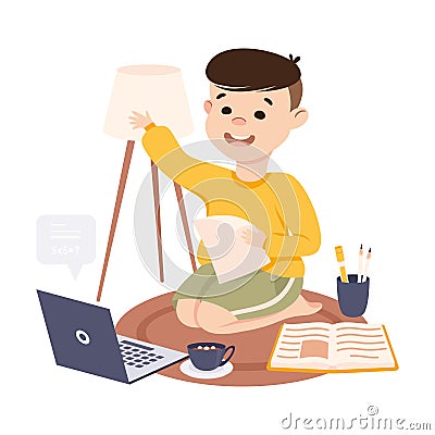 Boy Having Online Lesson, Homeschooling, Distance Learning Concept Cartoon Style Vector Illustration Vector Illustration