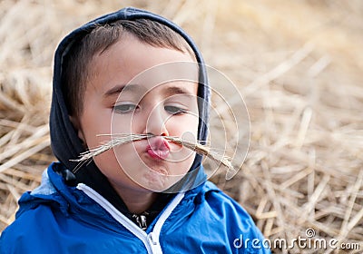 Boy in haystack with toy moustaches Stock Photo