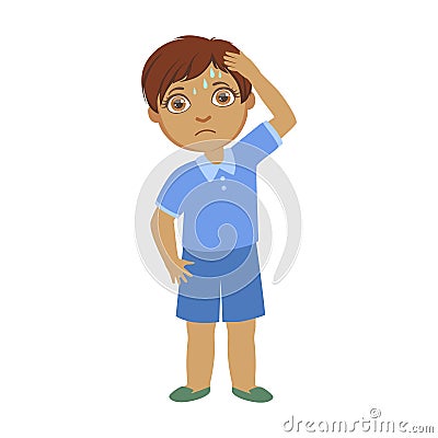 Boy With A Headache,Sick Kid Feeling Unwell Because Of The Sickness, Part Of Children And Health Problems Series Of Vector Illustration