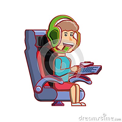 boy with headphone playing video game Cartoon Illustration