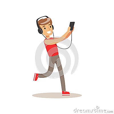 Boy With Headphones And Music Player, Child And Gadget Illustration With Kid Watching And Playing Using Electronic Vector Illustration
