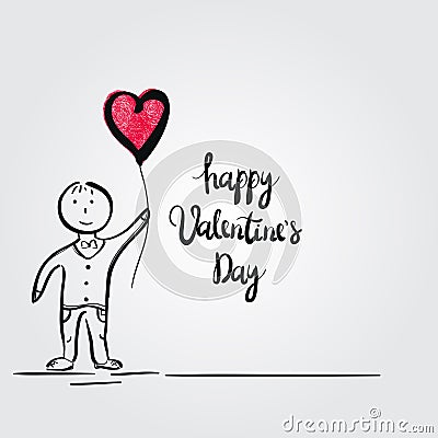 Boy with heart shaped balloon. Valentine`s Day card. Vector illustration Cartoon Illustration