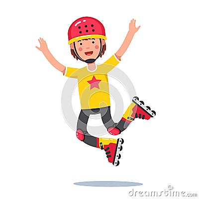 Boy in helmet jumping and rolling on roller blades Vector Illustration