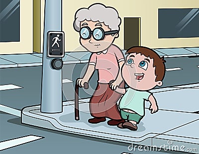 Boy Helping Old Woman Across Street Vector Illustration