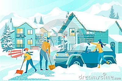 Boy Helping Parents to Remove Snow After Snowfall Vector Illustration