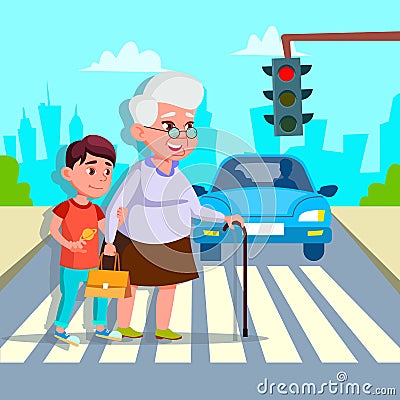 Boy Helping Senior Woman Crossing Street Vector Drawing Vector Illustration