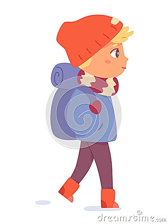 Boy hiking with backpack, winter walk of child in park or woods, scout in warm outfit Vector Illustration