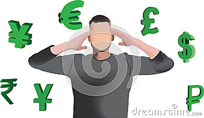 Boy with his hands on his temples focuses on currencies Vector Illustration