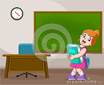 The girl is holding the big Tosca book near the teacher`s desk Vector Illustration