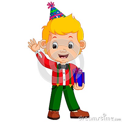 Boy holding birthday gifts Vector Illustration