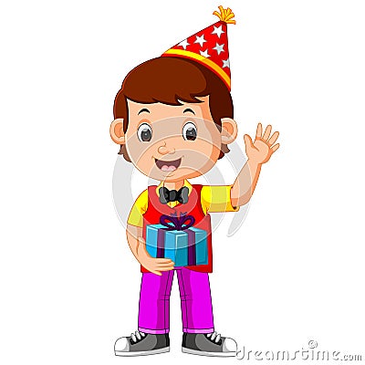 Boy holding birthday gifts Vector Illustration