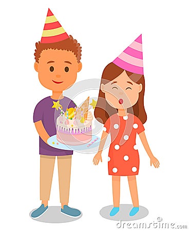 Boy Holding Cake for Birthday Girl Congratulating. Vector Illustration