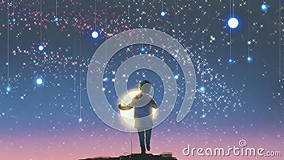 Boy holding glowing moon standing against hanging stars Cartoon Illustration