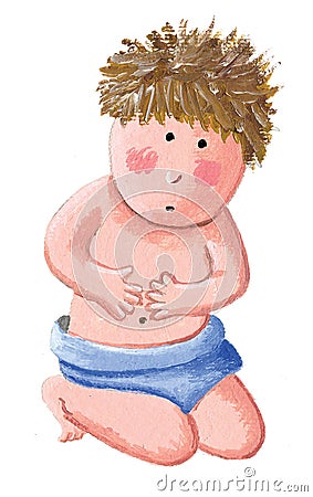 The boy is holding his hands on his tummy. the belly of a child. stomach Cartoon Illustration