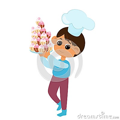 The boy is holding a lot of cupcakes or muffins in his hands. The child is happy and wearing a chef's hat. Vector Illustration