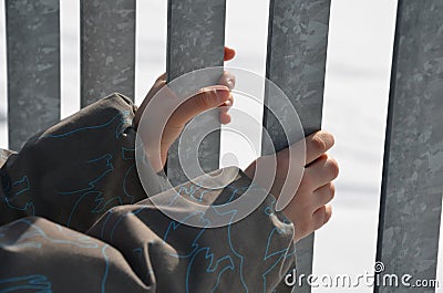 Boy holding a metal lattice railing. His hands are trying to get to the other side. Danger of falling from the balcony of the apar Stock Photo