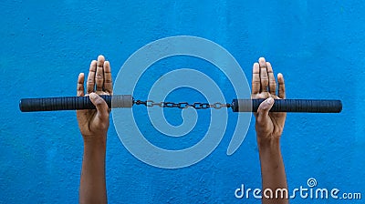 Boy holding Nunchaku on his hand isolated on Blue background. Black nunchaku training for beginner. Hot Tactical Gear Martial Arts Stock Photo