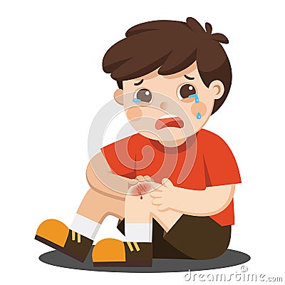A Boy holding painful wounded leg knee scratch with blood drips. Child broken knee. Bleeding knee injury pain. Vector Illustration