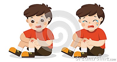 A Boy holding painful wounded leg knee scratch with blood drips. Vector Illustration