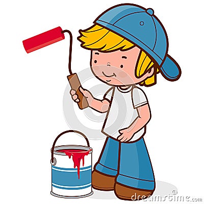 Boy painting with a paint roller and a bucket. Vector illustration Vector Illustration