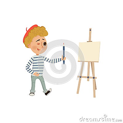 Boy holding a pencil. Artist easel. Isolated on white background. Vector cartoon illustration in flat style Vector Illustration