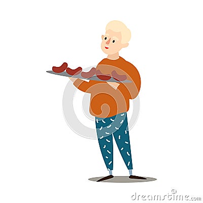 Boy holding plate with grilled sausages barbecue vector illustration Vector Illustration