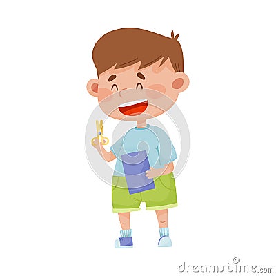 Boy Holding Scissors Doing Paper Craft Vector Illustration Vector Illustration