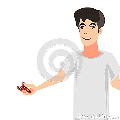 Boy holding spinner. Cute cartoon character. Vector Illustration