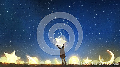 Boy holding the star up in the sky Cartoon Illustration