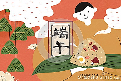 Boy holds hot steamed rice dumpling Vector Illustration