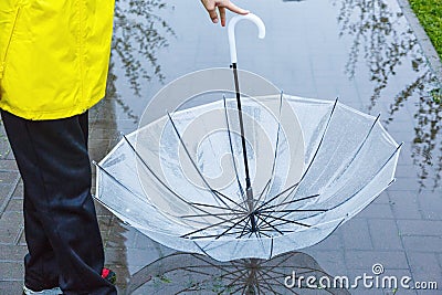 Boy holds transparent Umbrella in the puddle with reflection in the water after the rain. Rainy weather Stock Photo