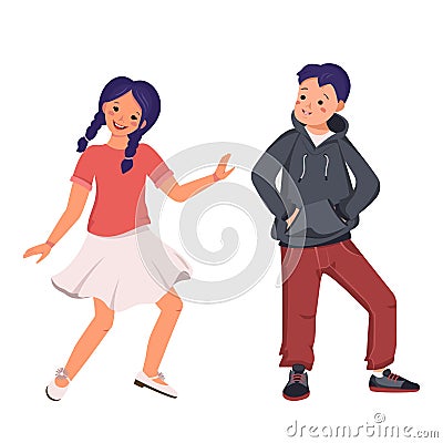 A boy in a hoodie and jeans and a girl in a skirt and shirt with blue hair and braids. Happy smiling kids dancing Vector Illustration