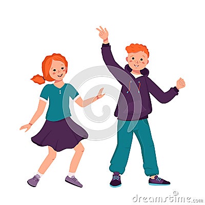 A boy in a hoodie and jeans and a girl in a skirt and shirt with red curly hair and freckles. Happy smiling kids dancing Vector Illustration