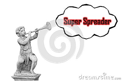 Boy with horn statue and Super Spreader text Stock Photo
