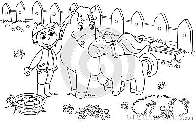 Boy with horse and colt Vector Illustration