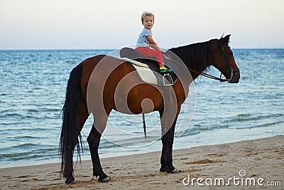 A boy on horseback rides on the beach. Cute little boy looking at camera. Stock Photo