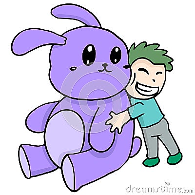 A boy is hugging a big stuffed rabbit Vector Illustration