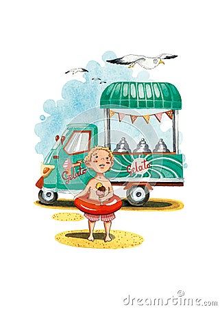 Ice cream gelato cart summer boy and seagull watercolor illustration Vector Illustration