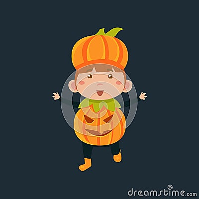 Boy In Jack Pumpkinhead Halloween Disguise Vector Illustration
