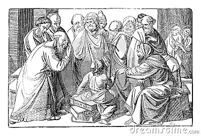 Boy Jesus Talking With Teachers in Temple in Jerusalem.Bible,New Testament, Luke 2. Vintage Antique Drawing Vector Illustration